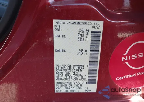 2022 Nissan Altima Sr Fwd from USA, damaged, VIN 1N4BL4CV6NN378189